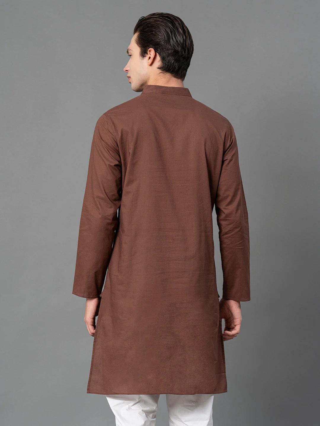 Solid Brown Mid-Length Kurta for Men - Image 3
