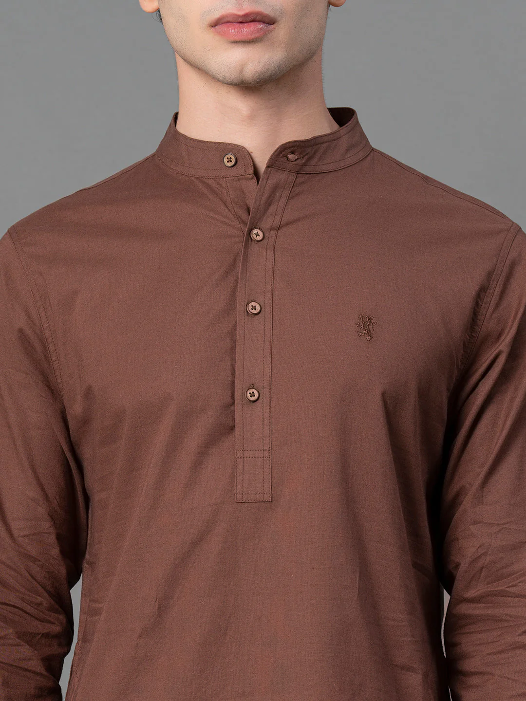 Solid Brown Mid-Length Kurta for Men - Image 4