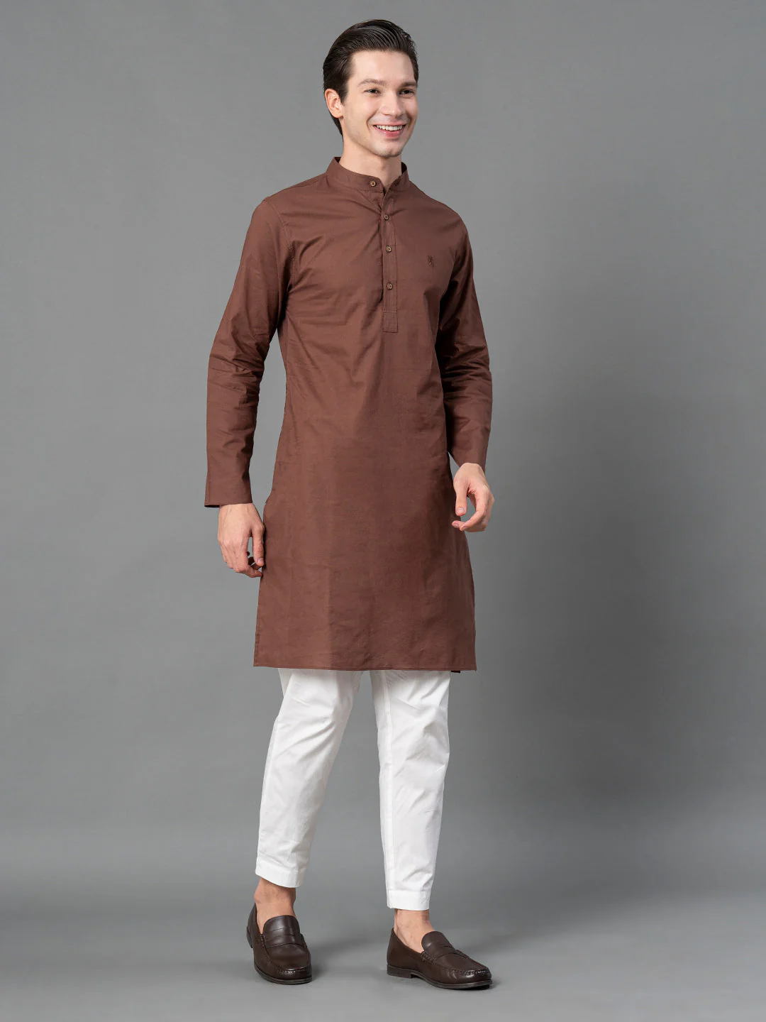 Solid Brown Mid-Length Kurta for Men - Image 5
