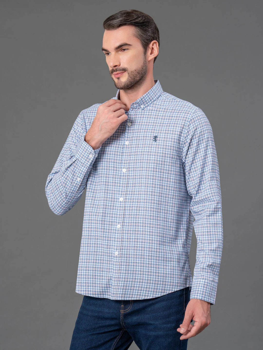 Steel Blue Checked Shirt for Men - Image 2