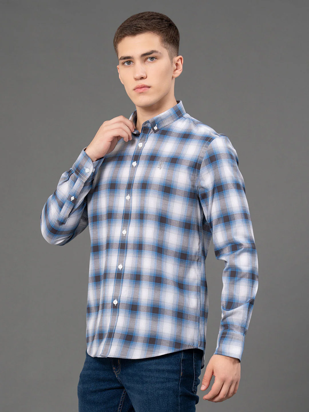 Steel Blue Checked Shirt for Men - Image 2
