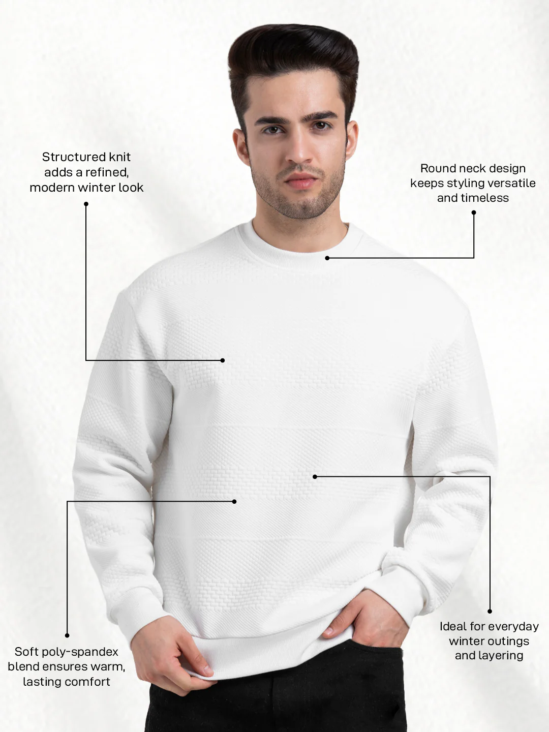Structured White Men's Sweatshirts | Winter Essential Sweatshirt - Image 2