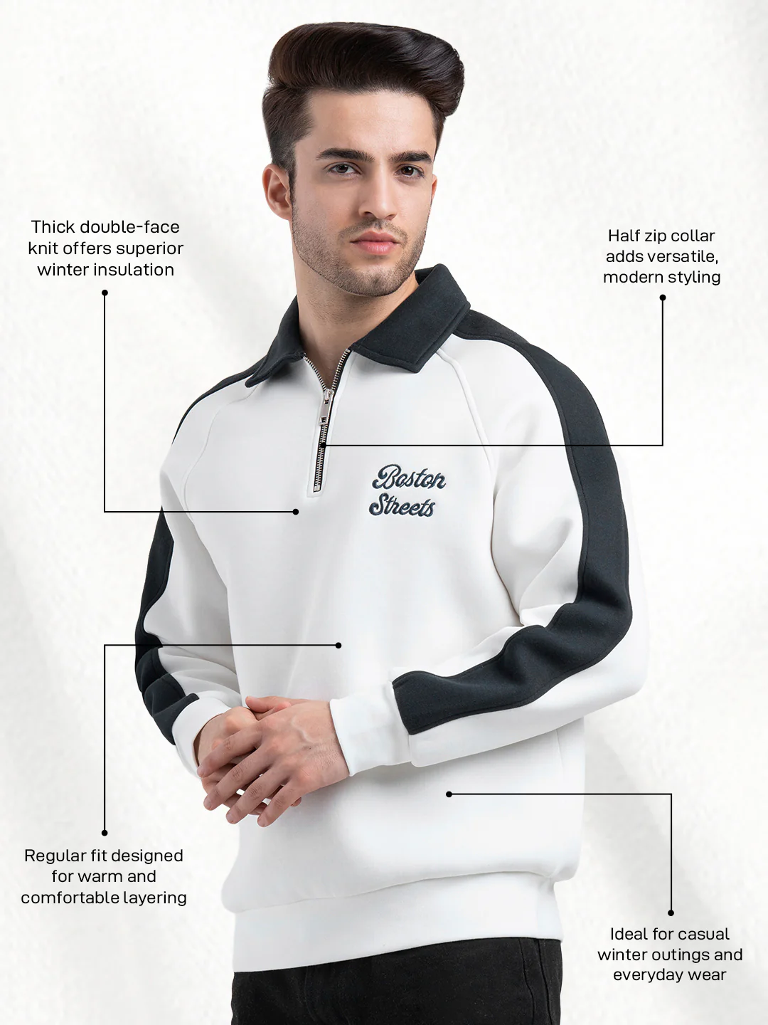 White Half Zip Collar Sweatshirt for Men | Men's Sweatshirts for Everyday Style - Image 2
