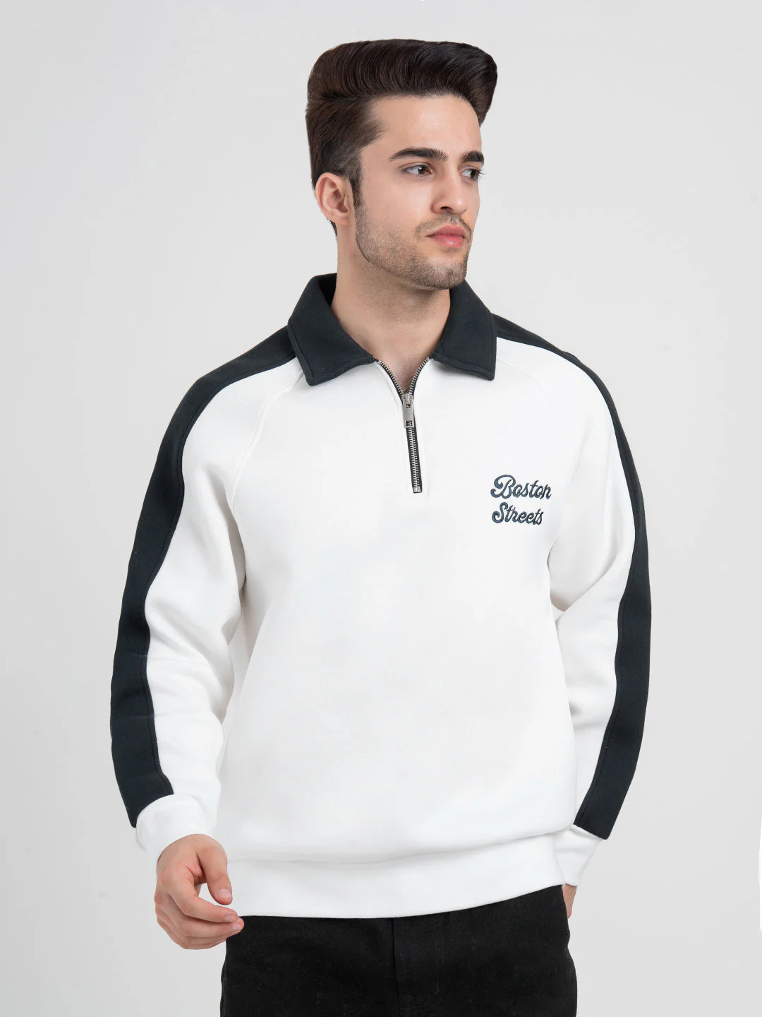 White Half Zip Collar Sweatshirt for Men | Men's Sweatshirts for Everyday Style - Image 8