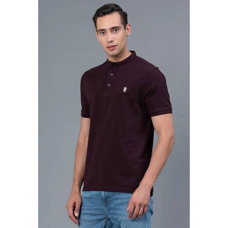Wine Color Men's HenleyT-Shirt - Image 2