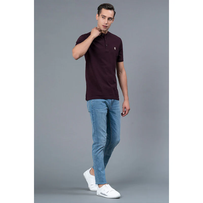 Wine Color Men's HenleyT-Shirt - Image 5