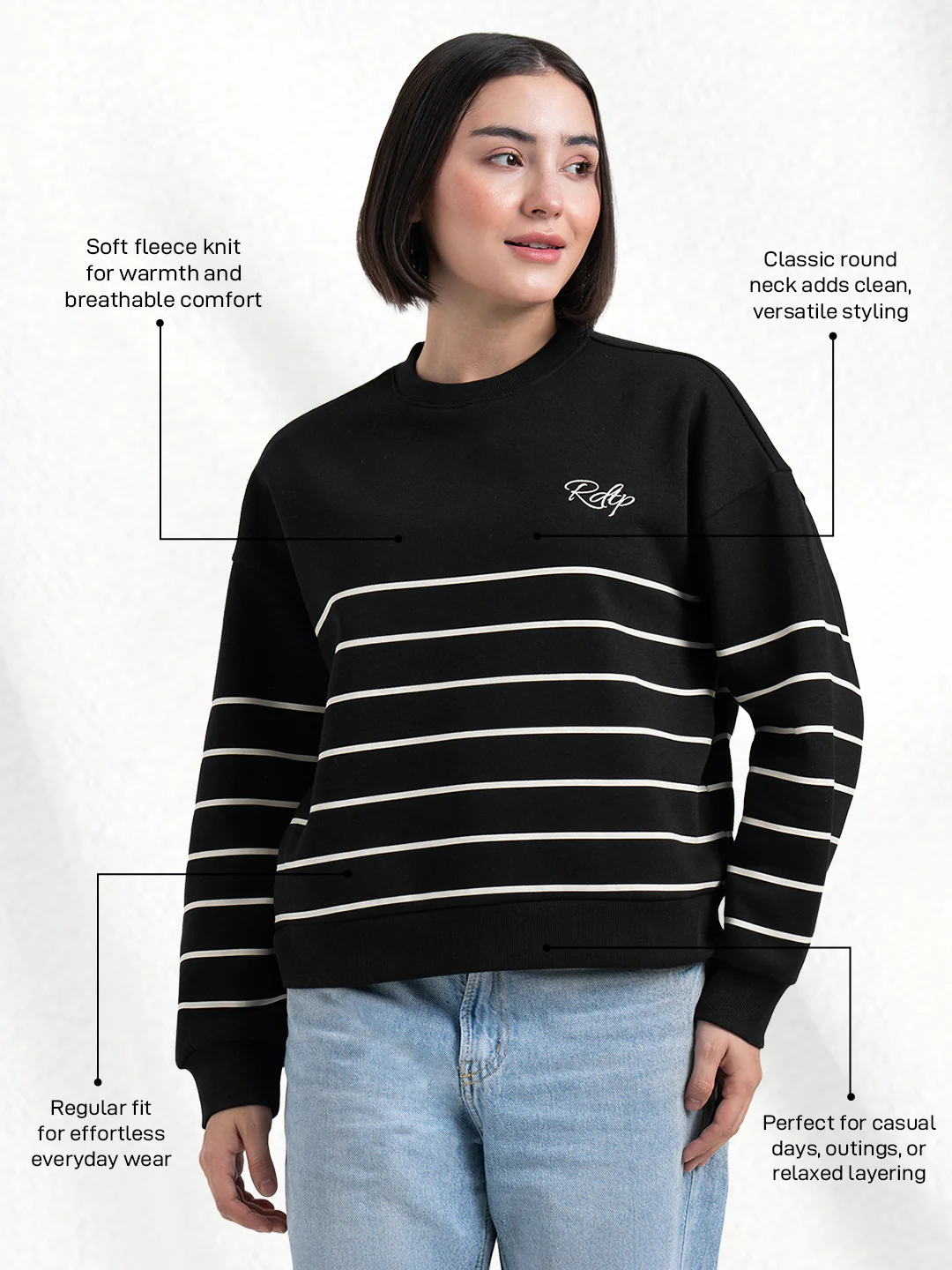 Women's Black Striped Sweatshirt | Casual Everyday Comfort - Image 2