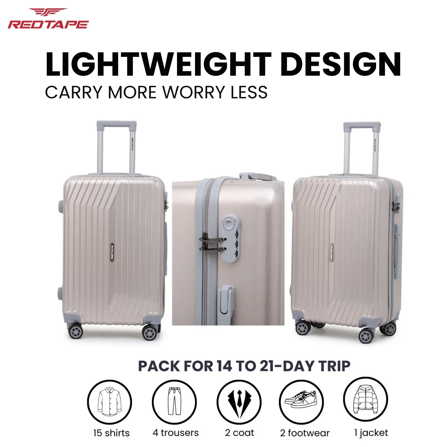 Rose Gold 8 Wheels Trolley Bag Set of 3 (Large + Medium + Cabin) - Image 7