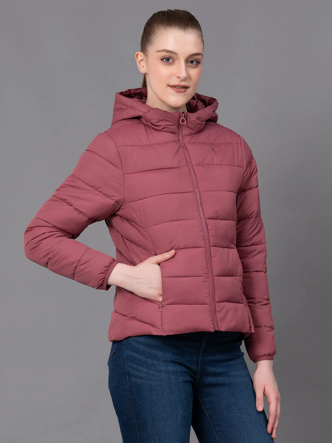 Rose Polyester Solid Women's Padded Jacket - Image 2