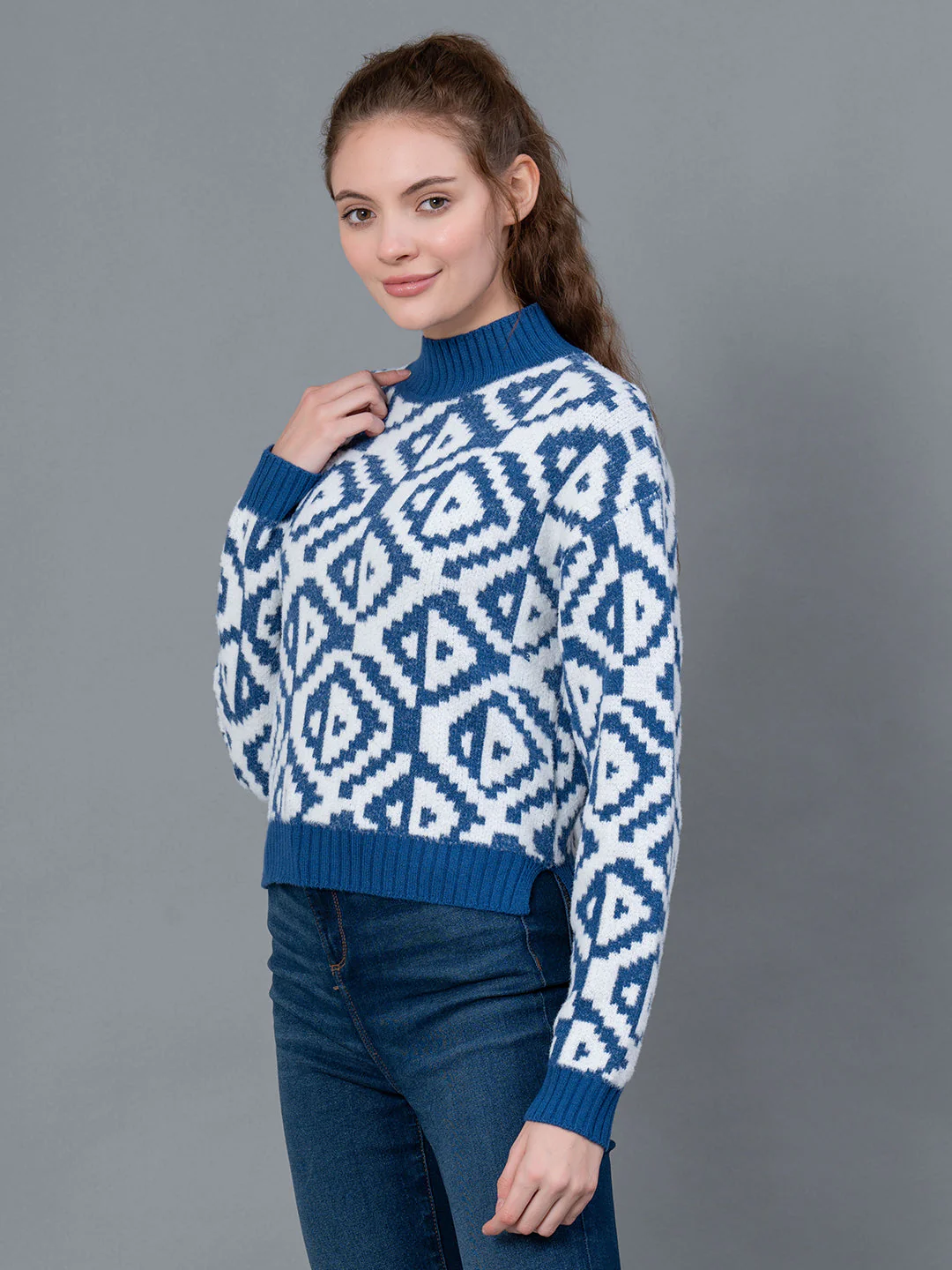 Royal Blue Self Design Nylon Women's Sweater - Image 2