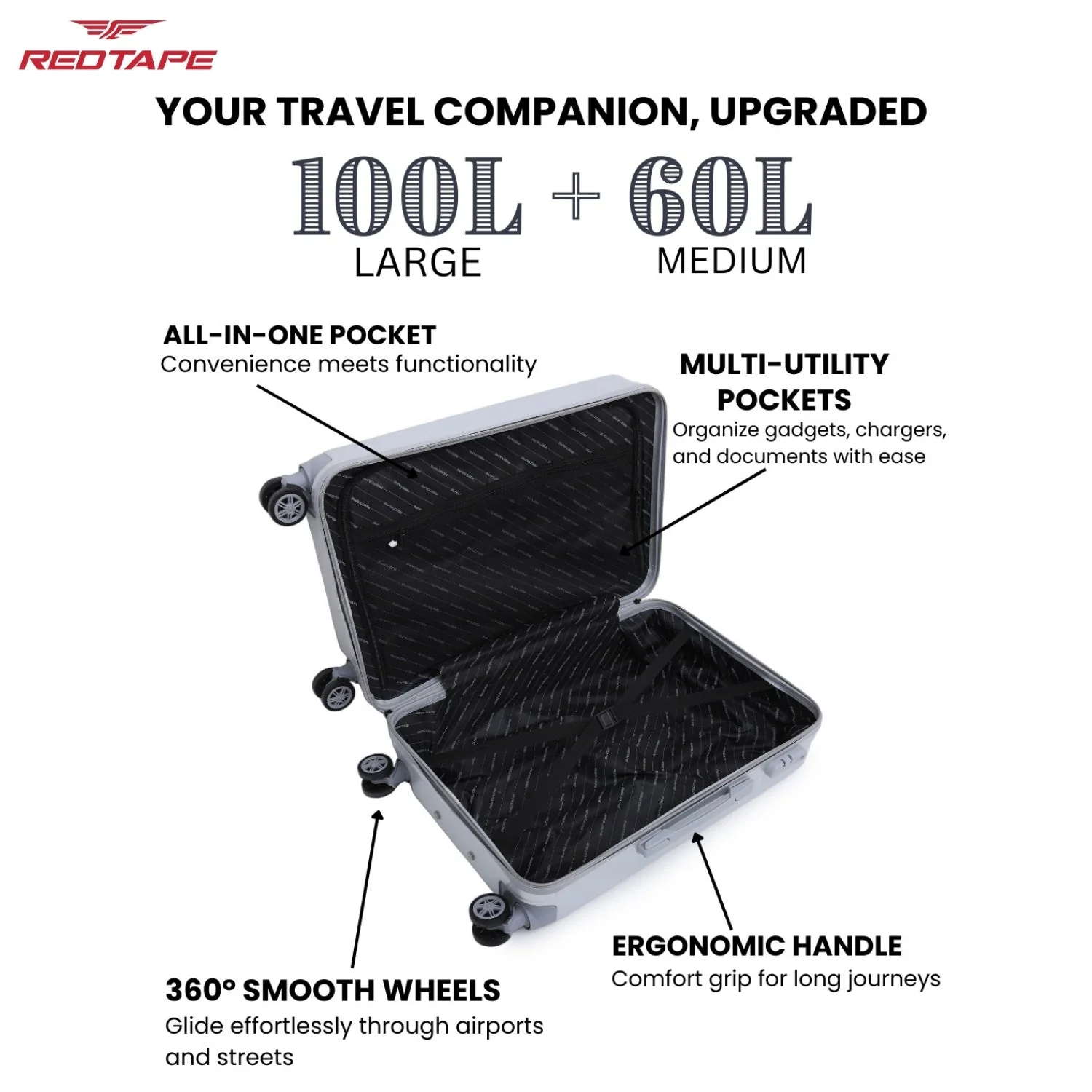 Silver 8 Wheels Trolley Bag Set of 2 (Large + Medium) - Image 4