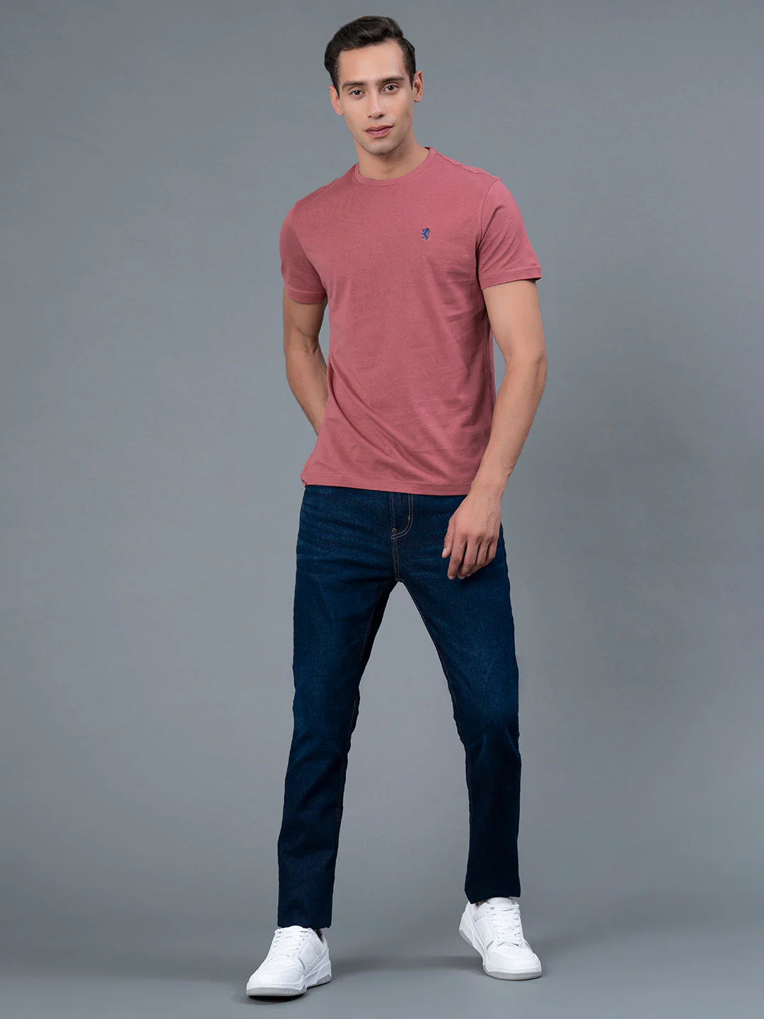 Solid Dusky Pink Round Neck T-Shirt for Men - Image 5
