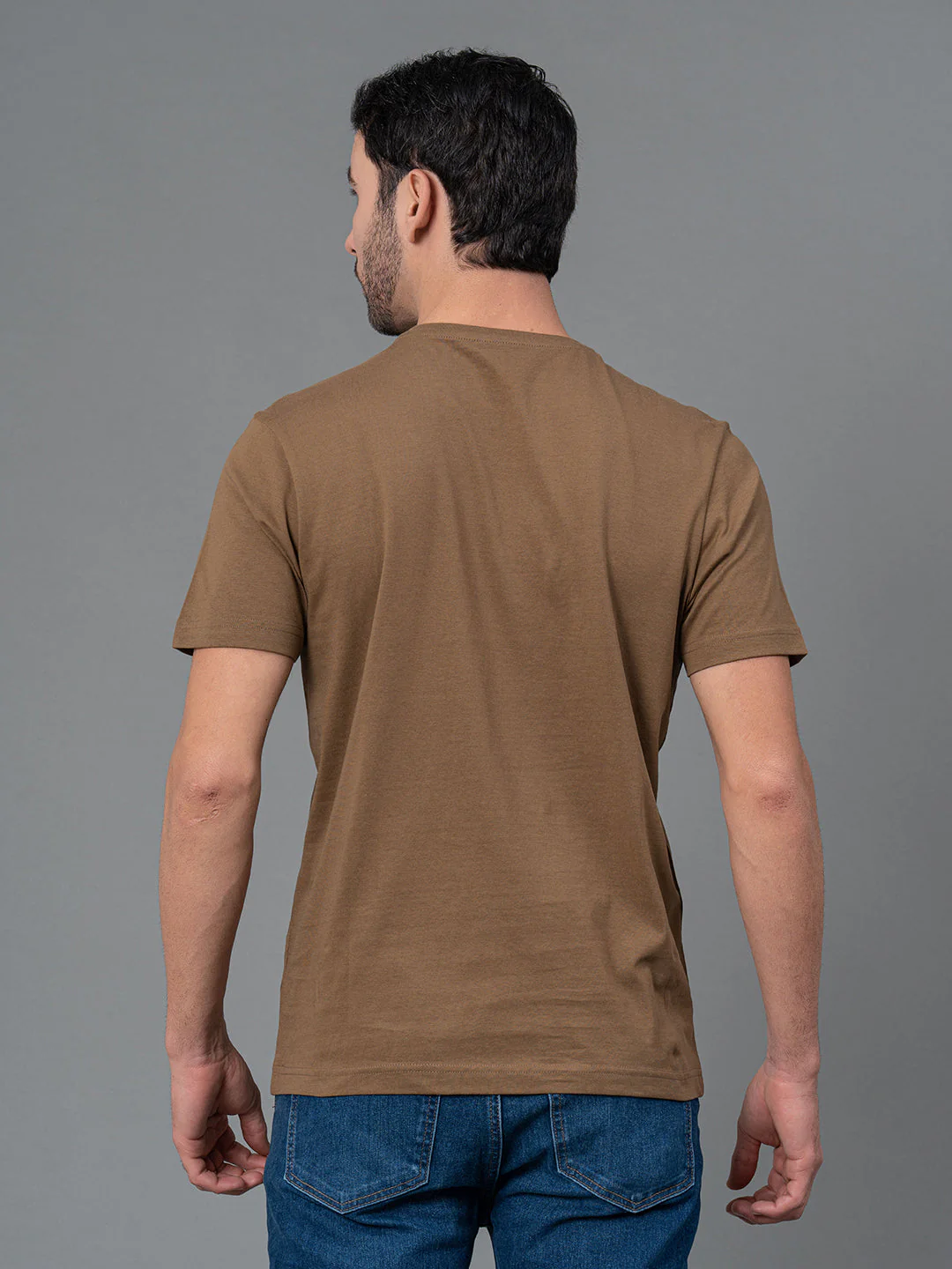 Solid Light Brown Blue Round Neck T-Shirt for Men - Image 3