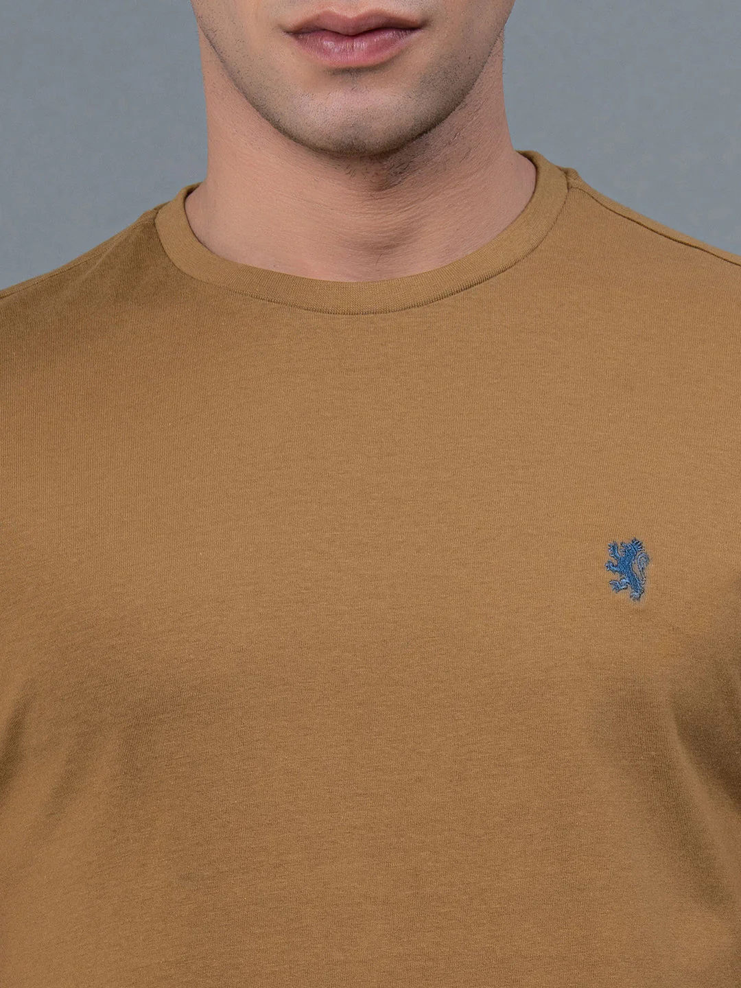 Solid Light Camel Round Neck T-Shirt for Men - Image 4
