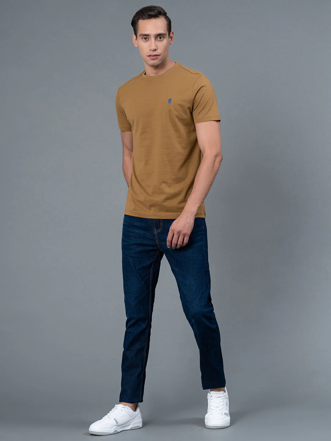 Solid Light Camel Round Neck T-Shirt for Men - Image 5