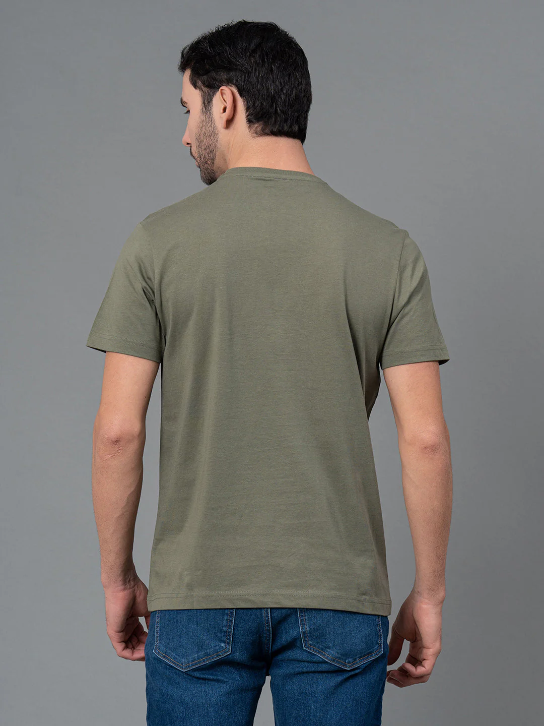 Solid Light Olive Round Neck T-Shirt for Men - Image 3