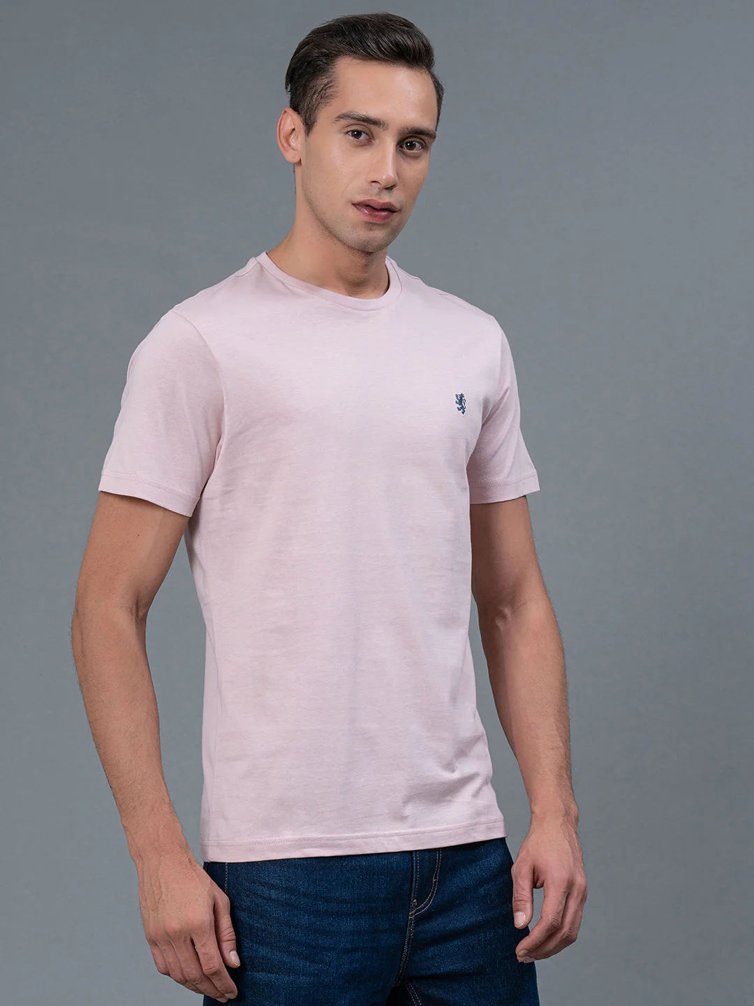 Solid Light Pink Round Neck T-Shirt for Men - Image 2