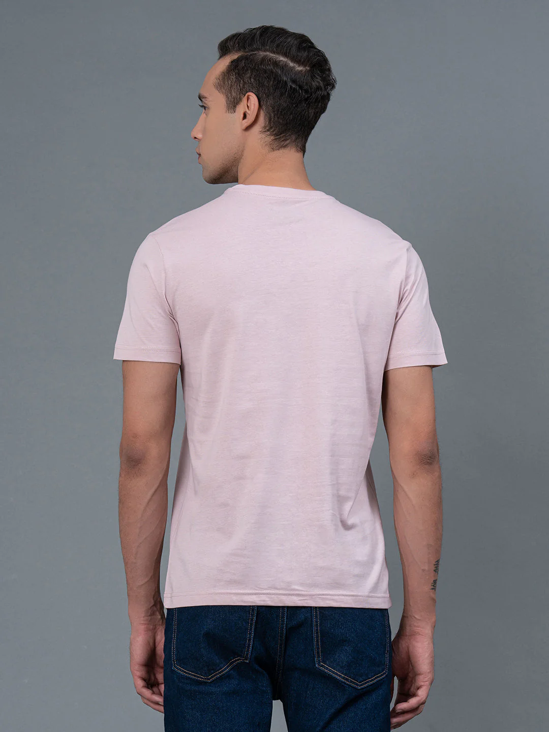 Solid Light Pink Round Neck T-Shirt for Men - Image 3
