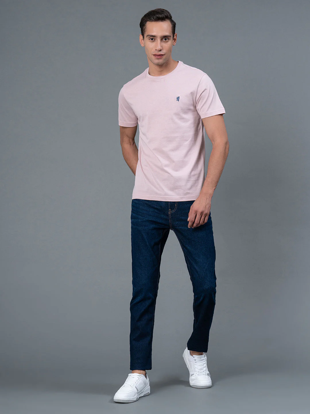 Solid Light Pink Round Neck T-Shirt for Men - Image 5