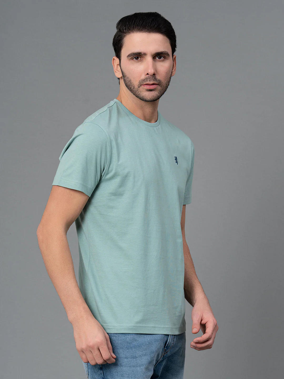 Solid Light Turquoise Blue Round Neck T-Shirt for Men - Image 2
