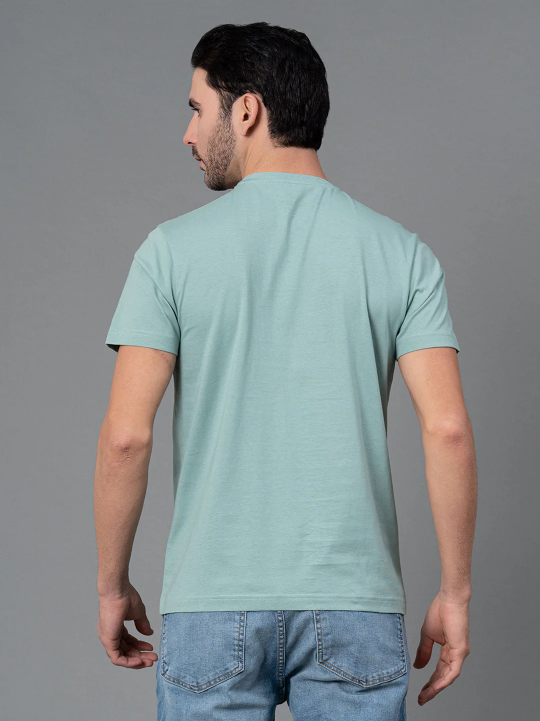 Solid Light Turquoise Blue Round Neck T-Shirt for Men - Image 3