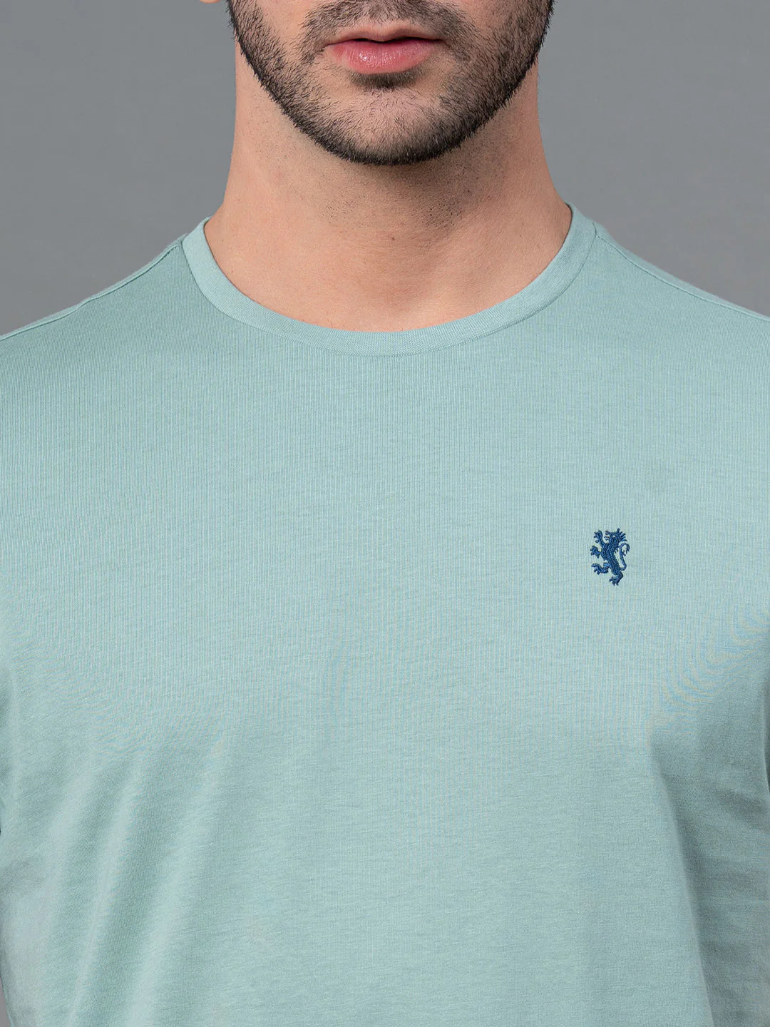 Solid Light Turquoise Blue Round Neck T-Shirt for Men - Image 4