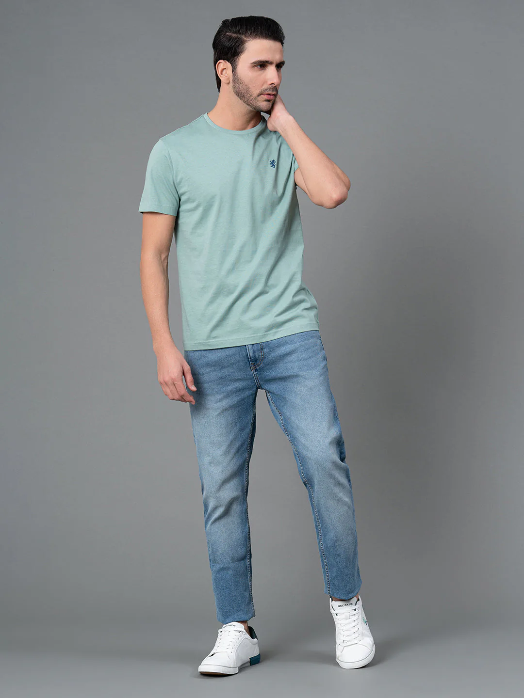 Solid Light Turquoise Blue Round Neck T-Shirt for Men - Image 5