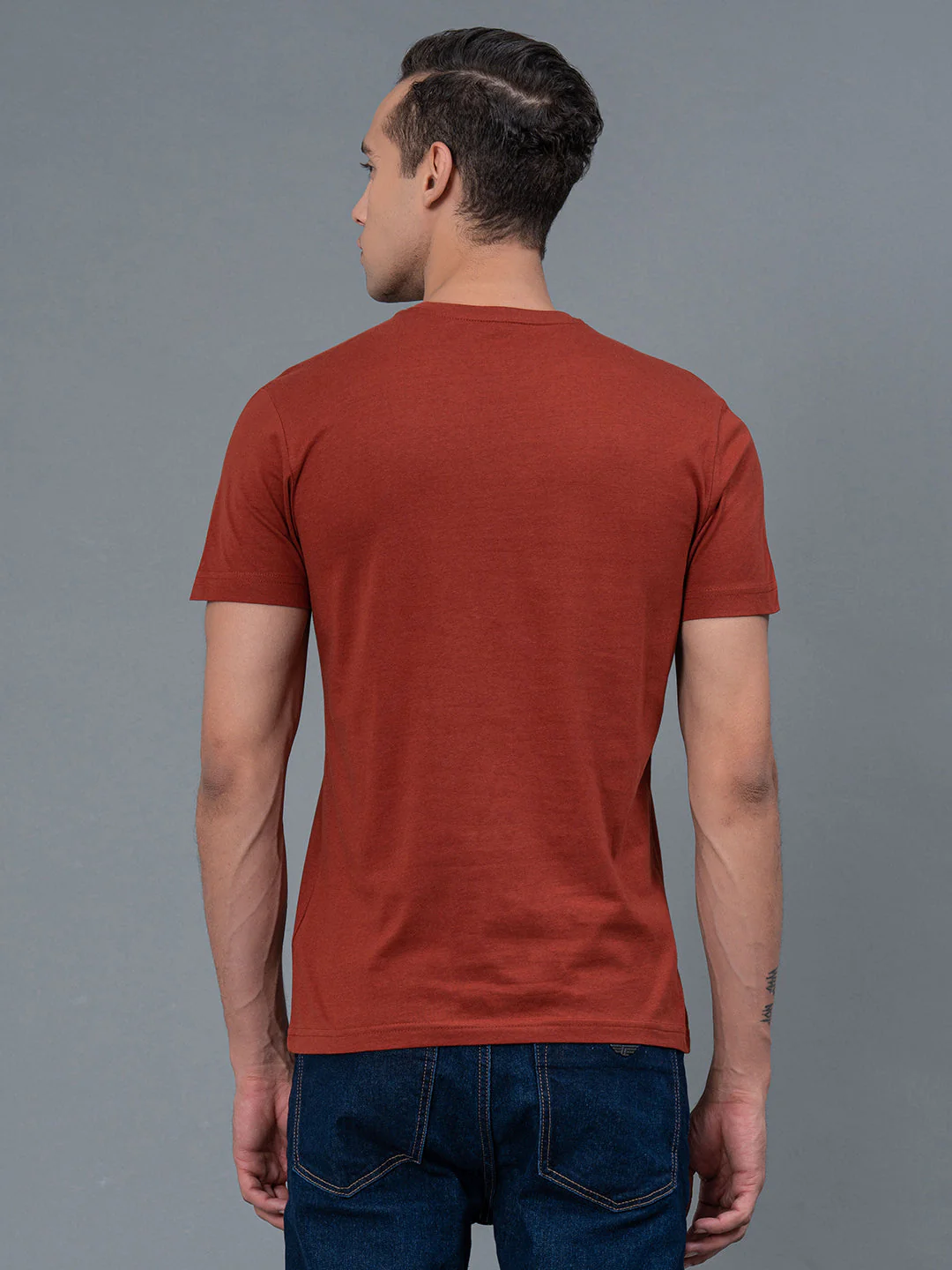 Solid Rust Round Neck T-Shirt for Men - Image 3