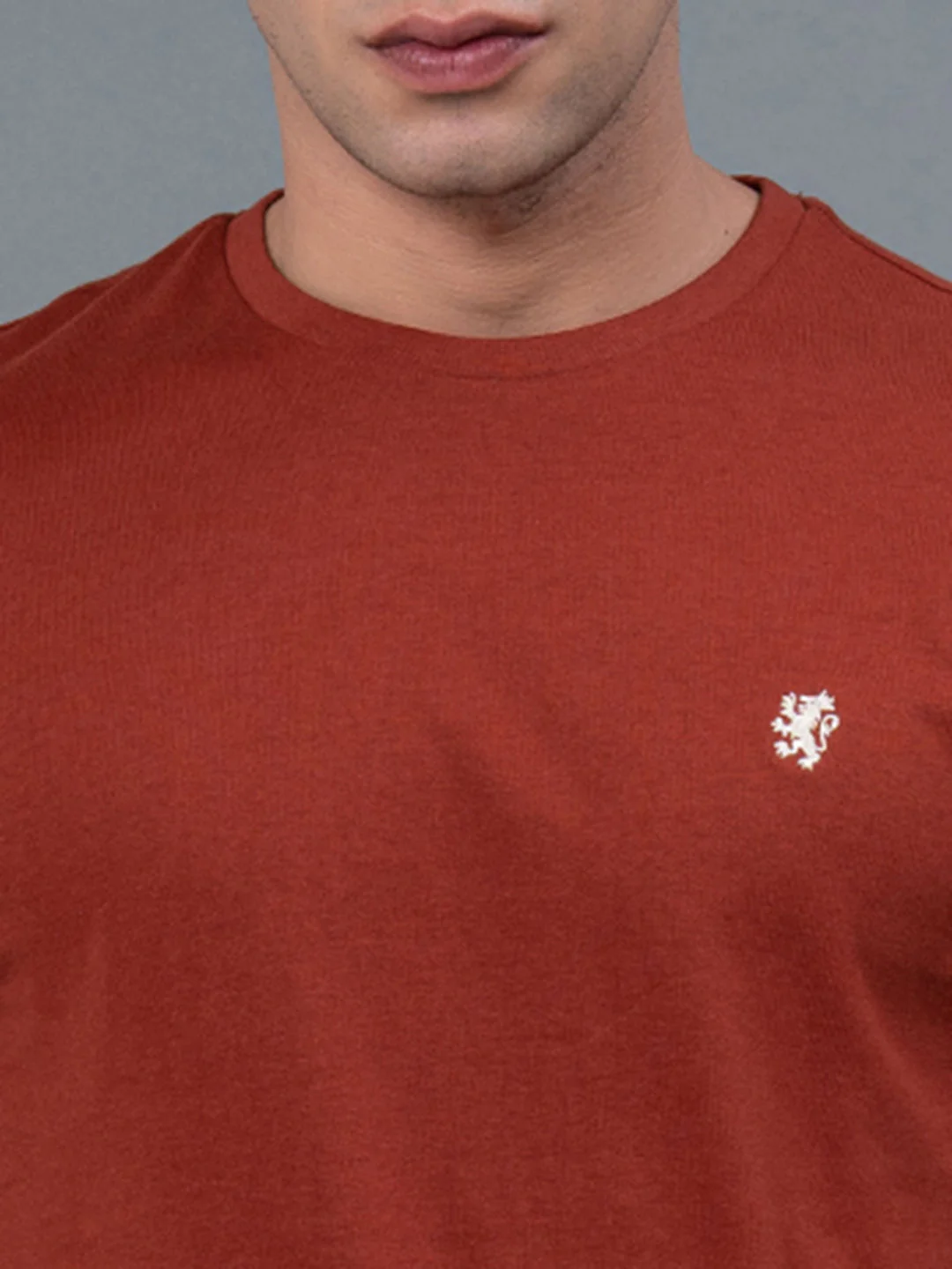 Solid Rust Round Neck T-Shirt for Men - Image 4