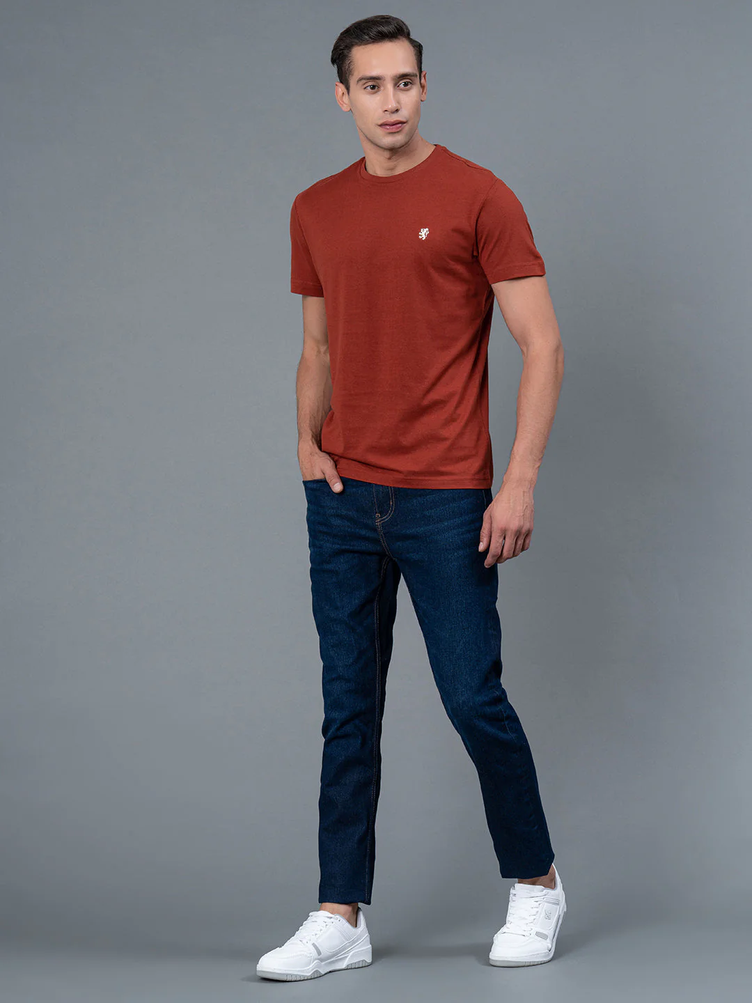 Solid Rust Round Neck T-Shirt for Men - Image 5