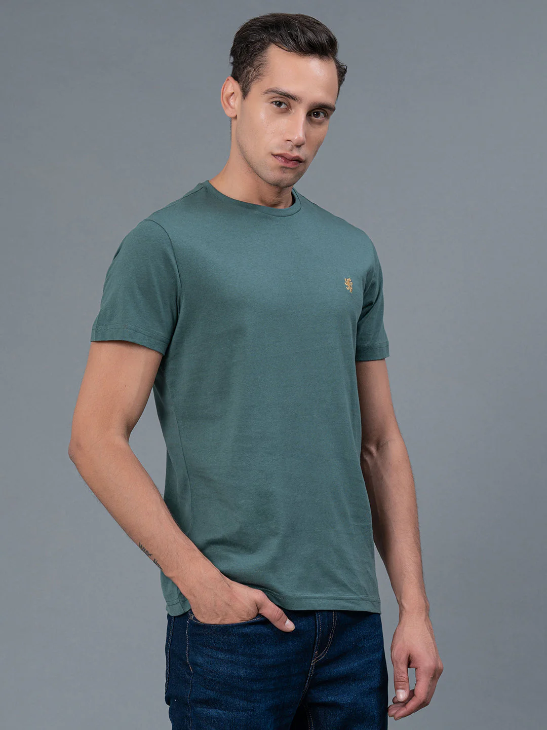 Solid Slate Green Round Neck T-Shirt for Men - Image 2