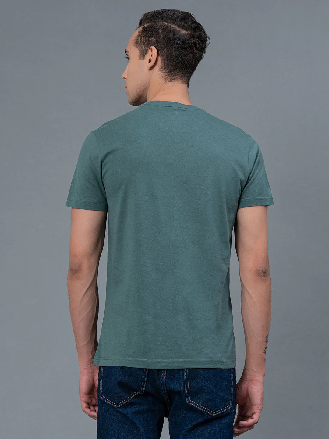 Solid Slate Green Round Neck T-Shirt for Men - Image 3