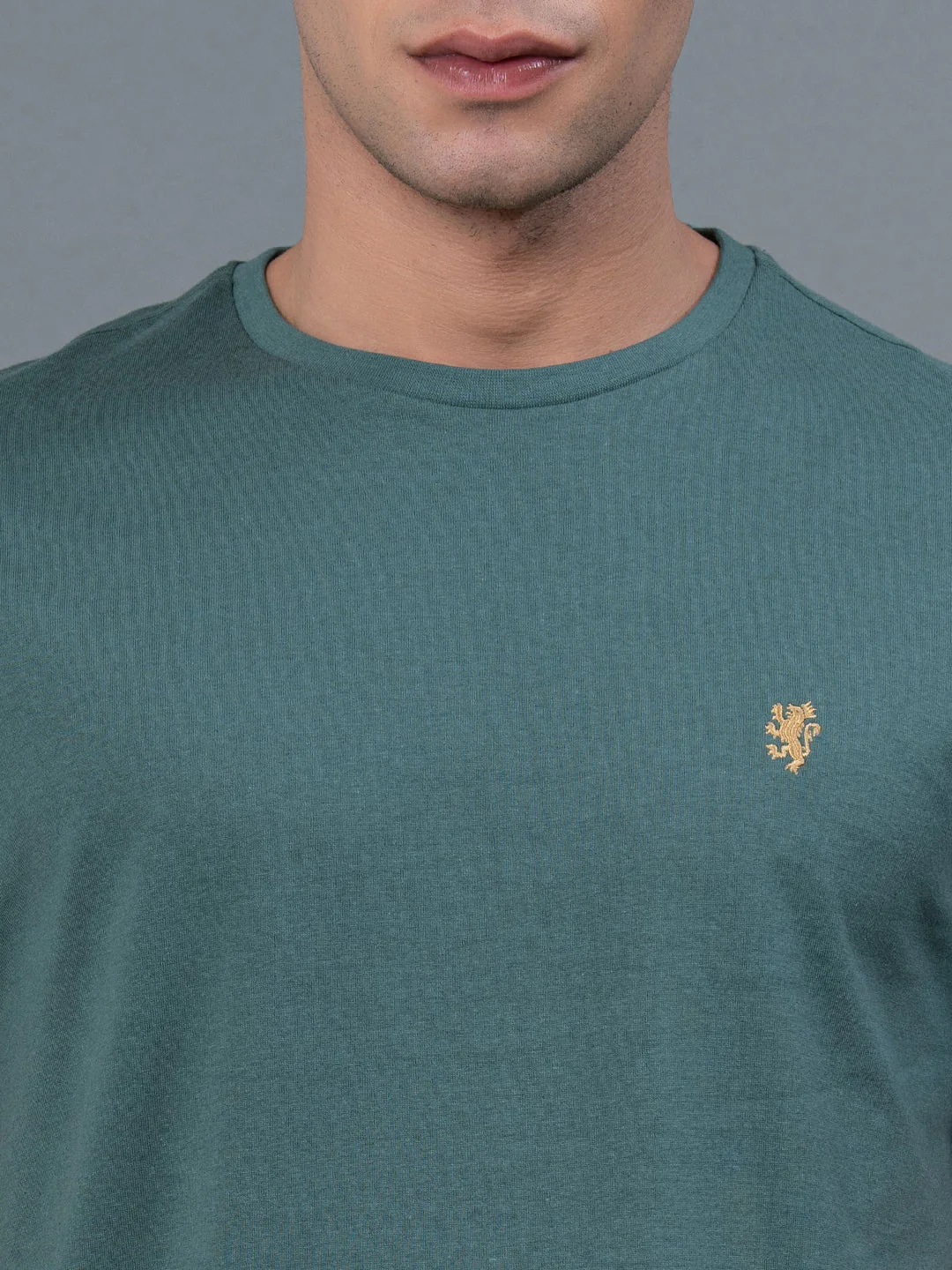 Solid Slate Green Round Neck T-Shirt for Men - Image 4