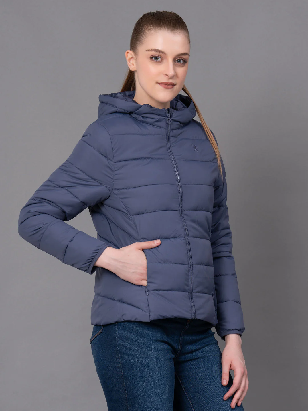 Space Blue Polyester Solid Women's Padded Jacket - Image 2