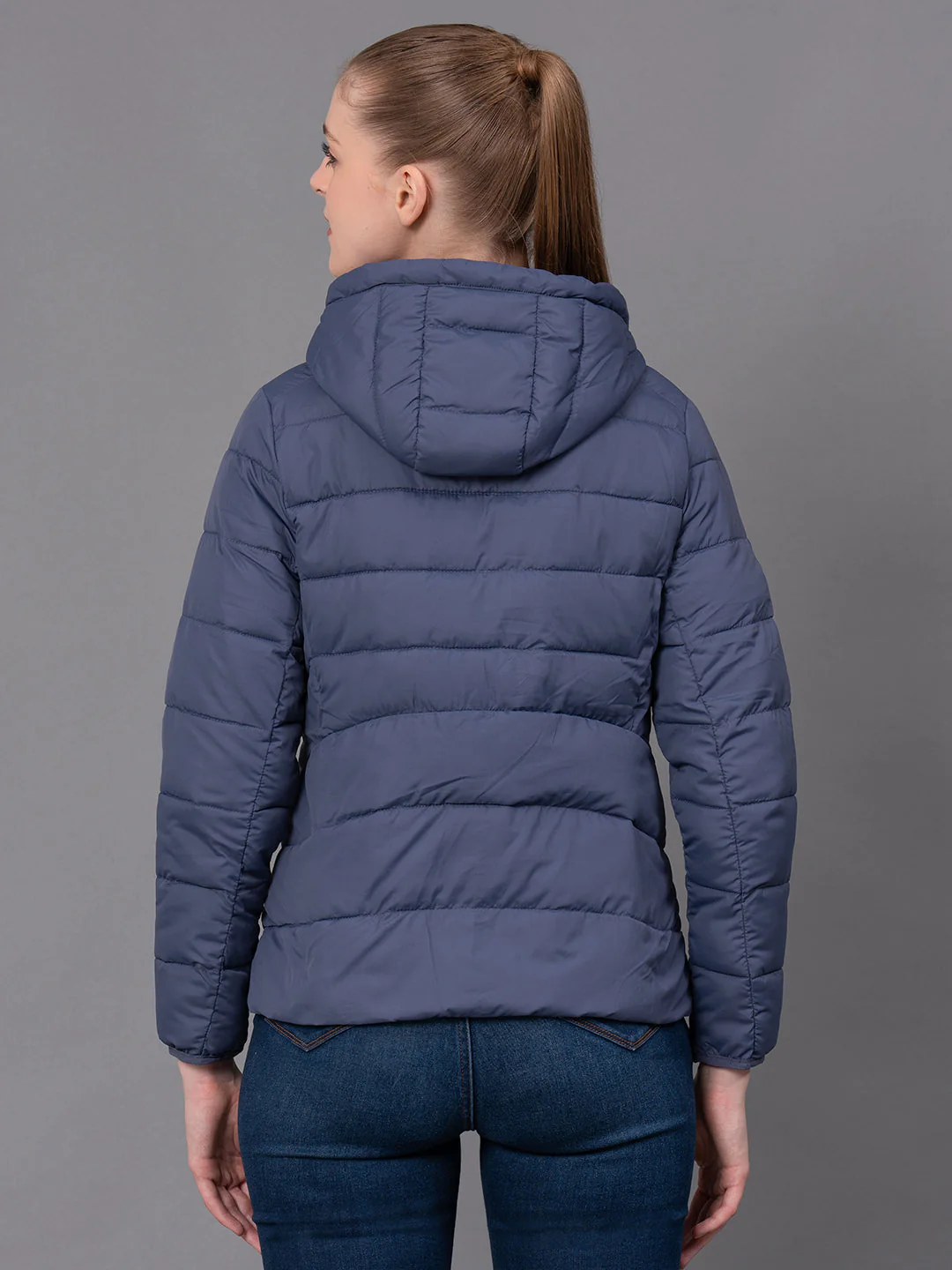 Space Blue Polyester Solid Women's Padded Jacket - Image 3