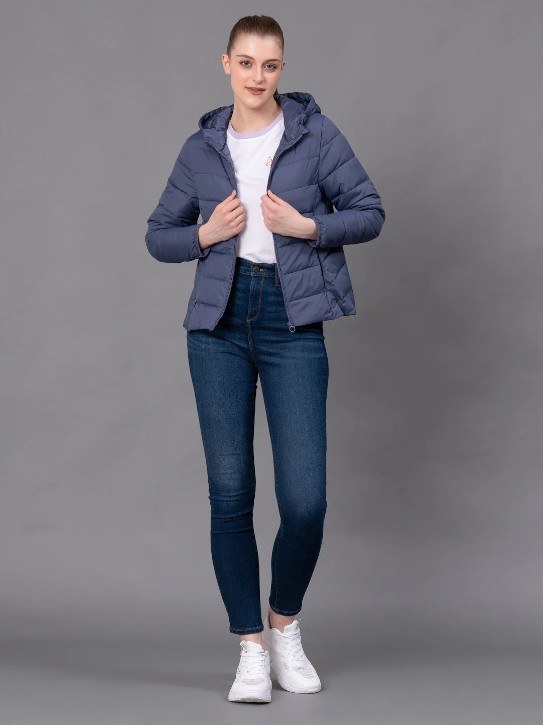 Space Blue Polyester Solid Women's Padded Jacket - Image 5