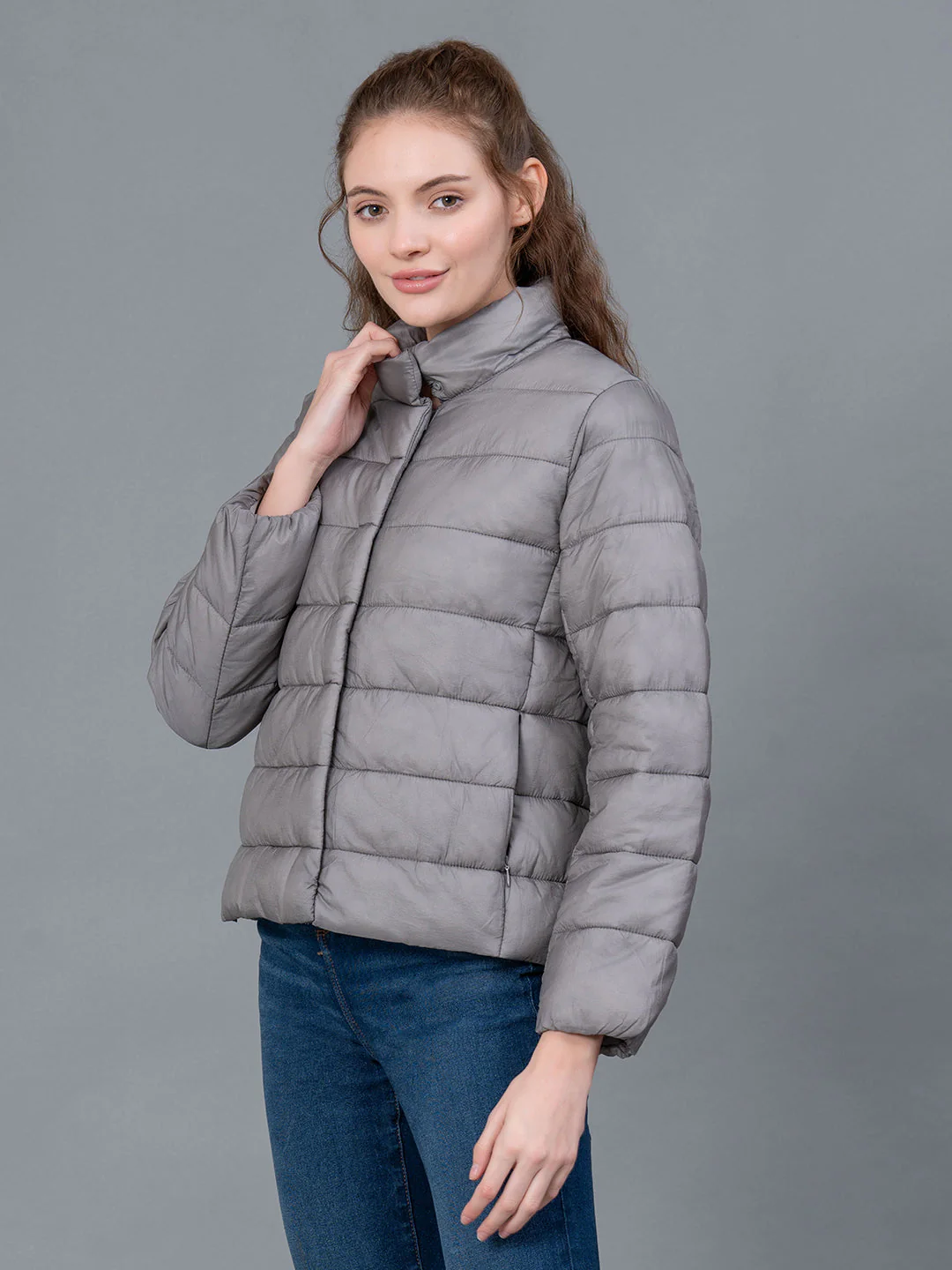 Space Grey Solid Nylon Women's Jacket - Image 2