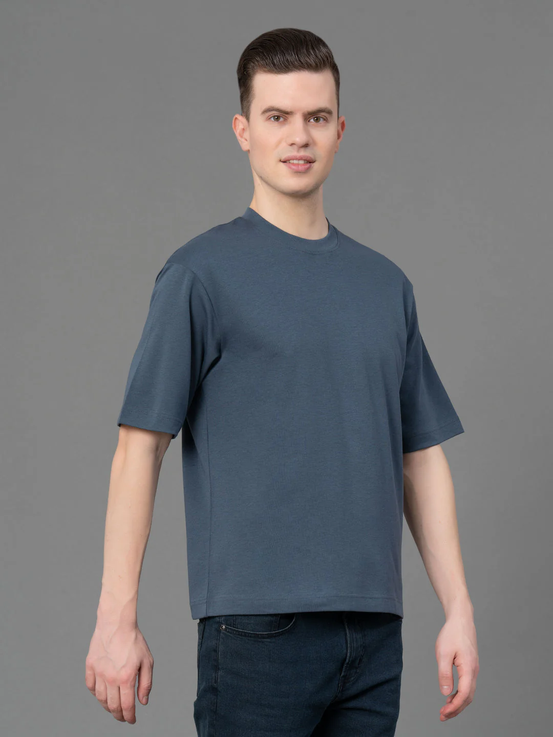 Stone Blue Oversized Round Neck T-Shirt for Men - Image 2