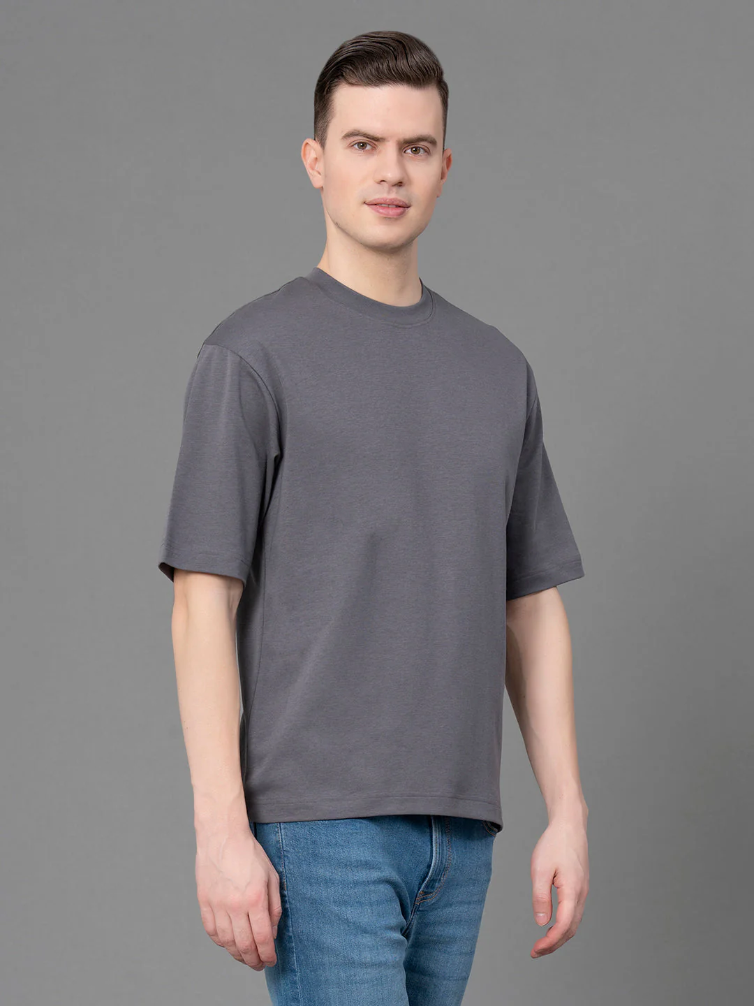 Stone Grey Oversized Round Neck T-Shirt for Men - Image 2