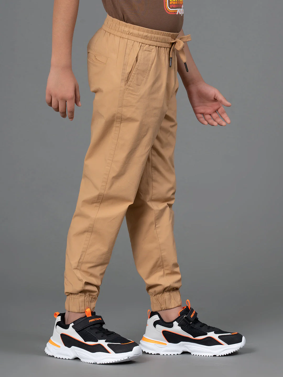 Tan Solid Cotton Spandex Boy's Jogger - Image 2