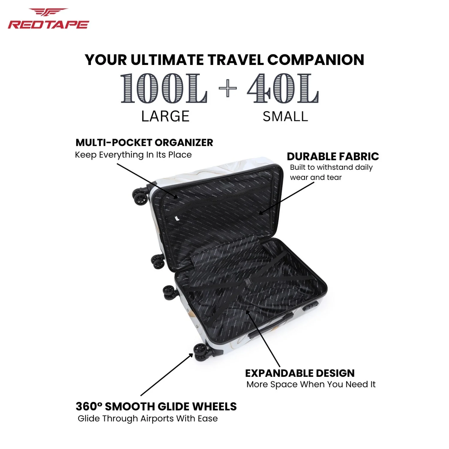 White Print 8 Wheels Trolley Bag Set of 2 (Large + Cabin) - Image 3