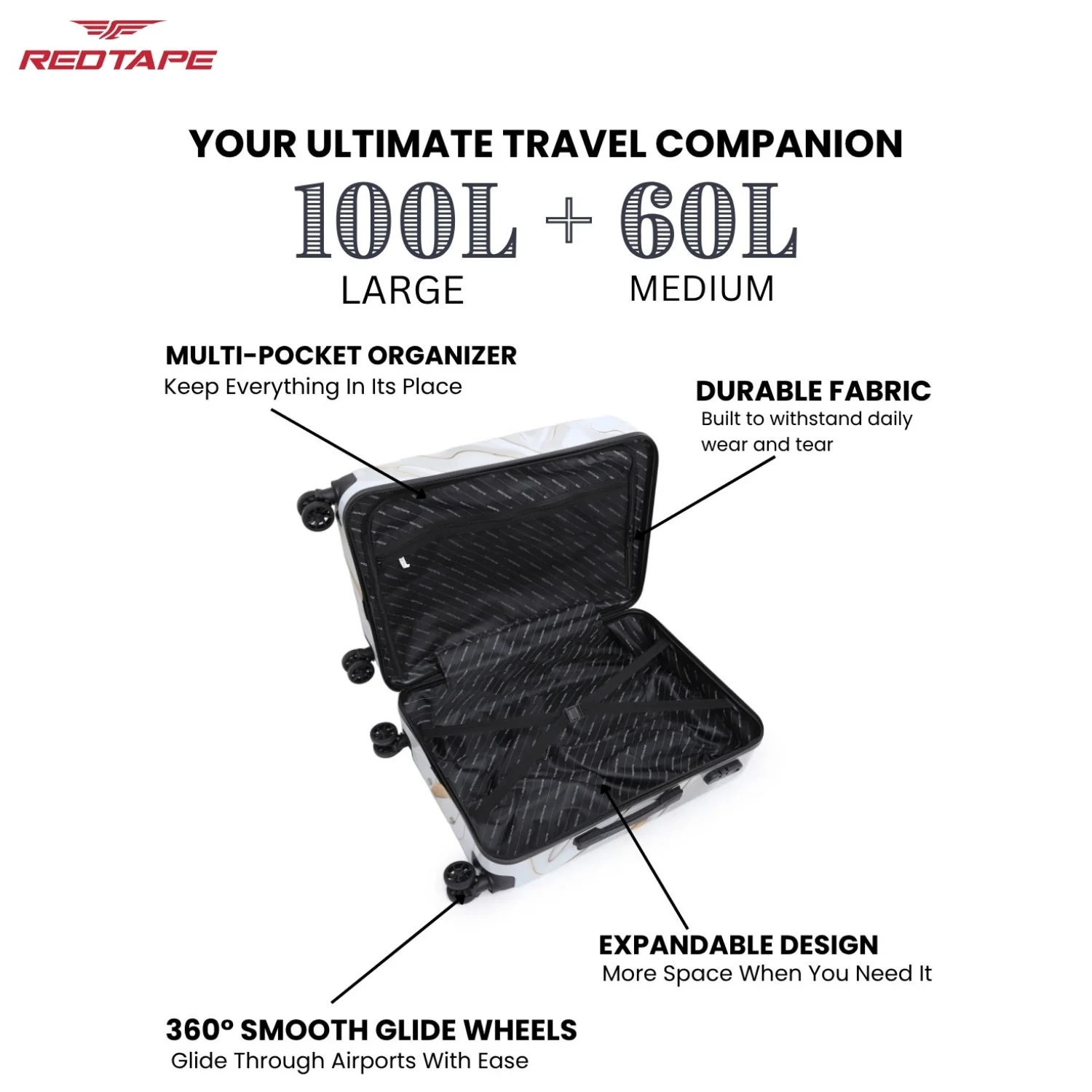 White Print 8 Wheels Trolley Bag Set of 2 (Large + Medium) - Image 3