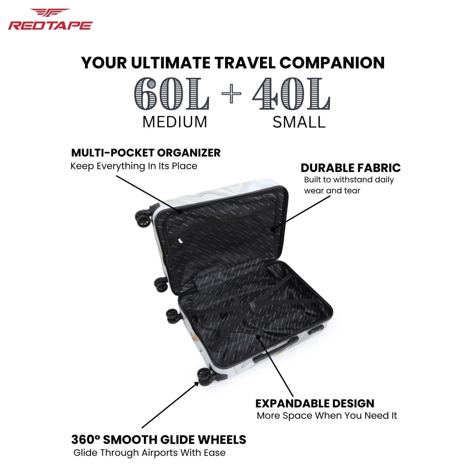 White Print 8 Wheels Trolley Bag Set of 2 (Medium + Cabin) - Image 3