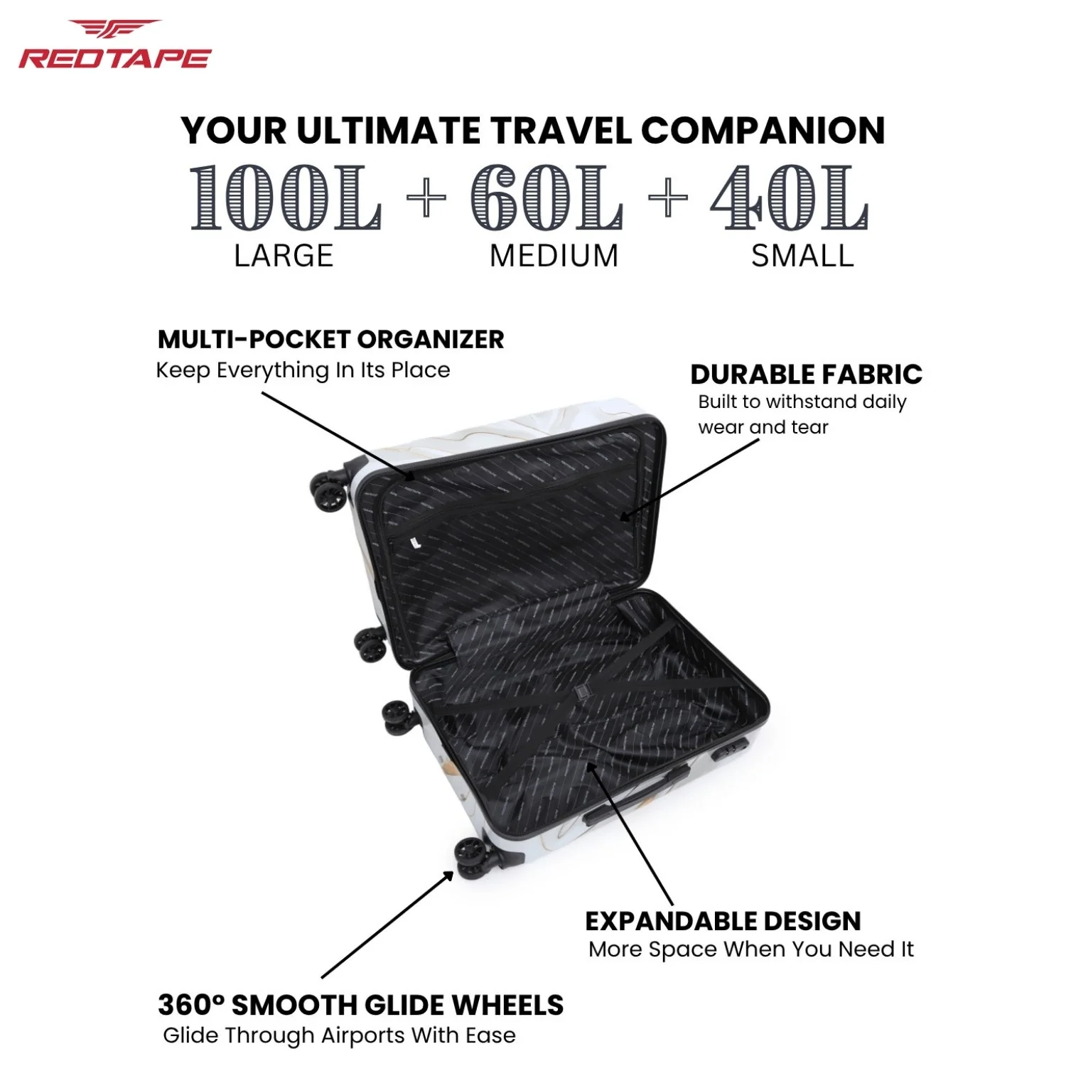 White Print 8 Wheels Trolley Bag Set of 3 (Large + Medium + Cabin) - Image 3