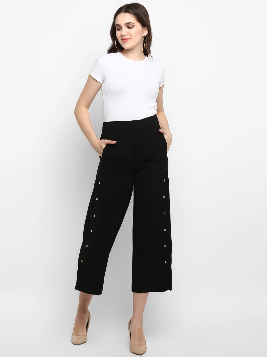Women Black Solid Poly Moss Culotte - Image 5