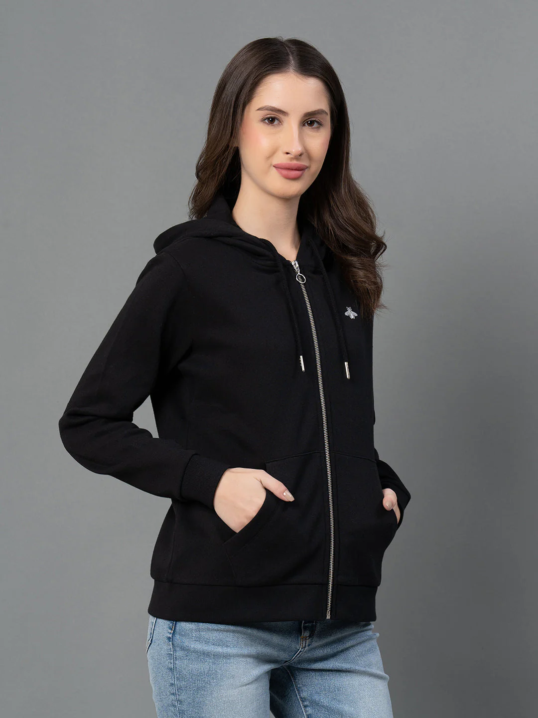Women Black Solid Hoodie - Image 2