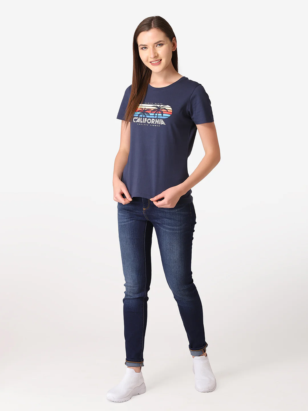 Women's Dark Navy Round Neck T-Shirt - Image 6