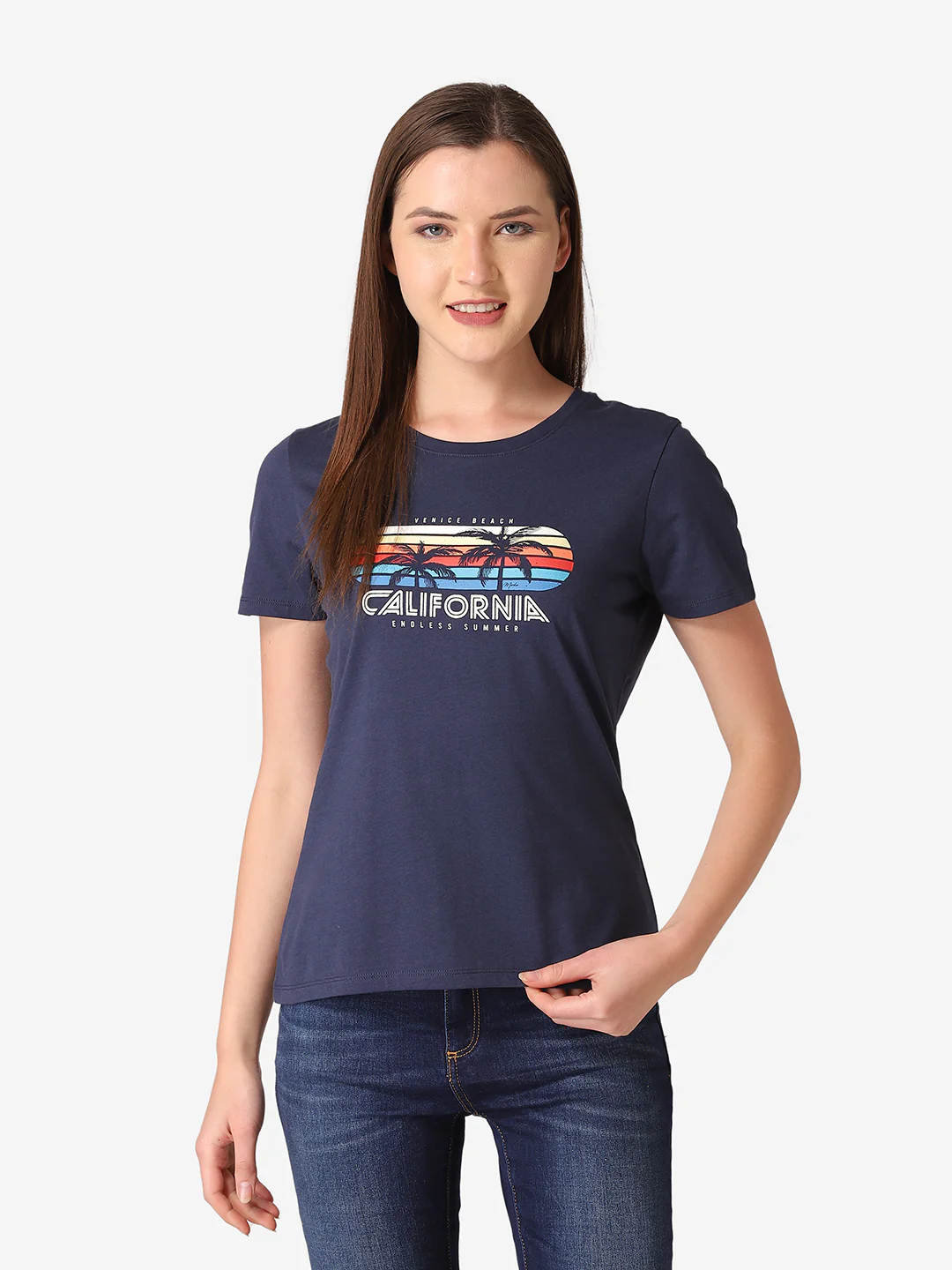 Women's Dark Navy Round Neck T-Shirt - Image 7