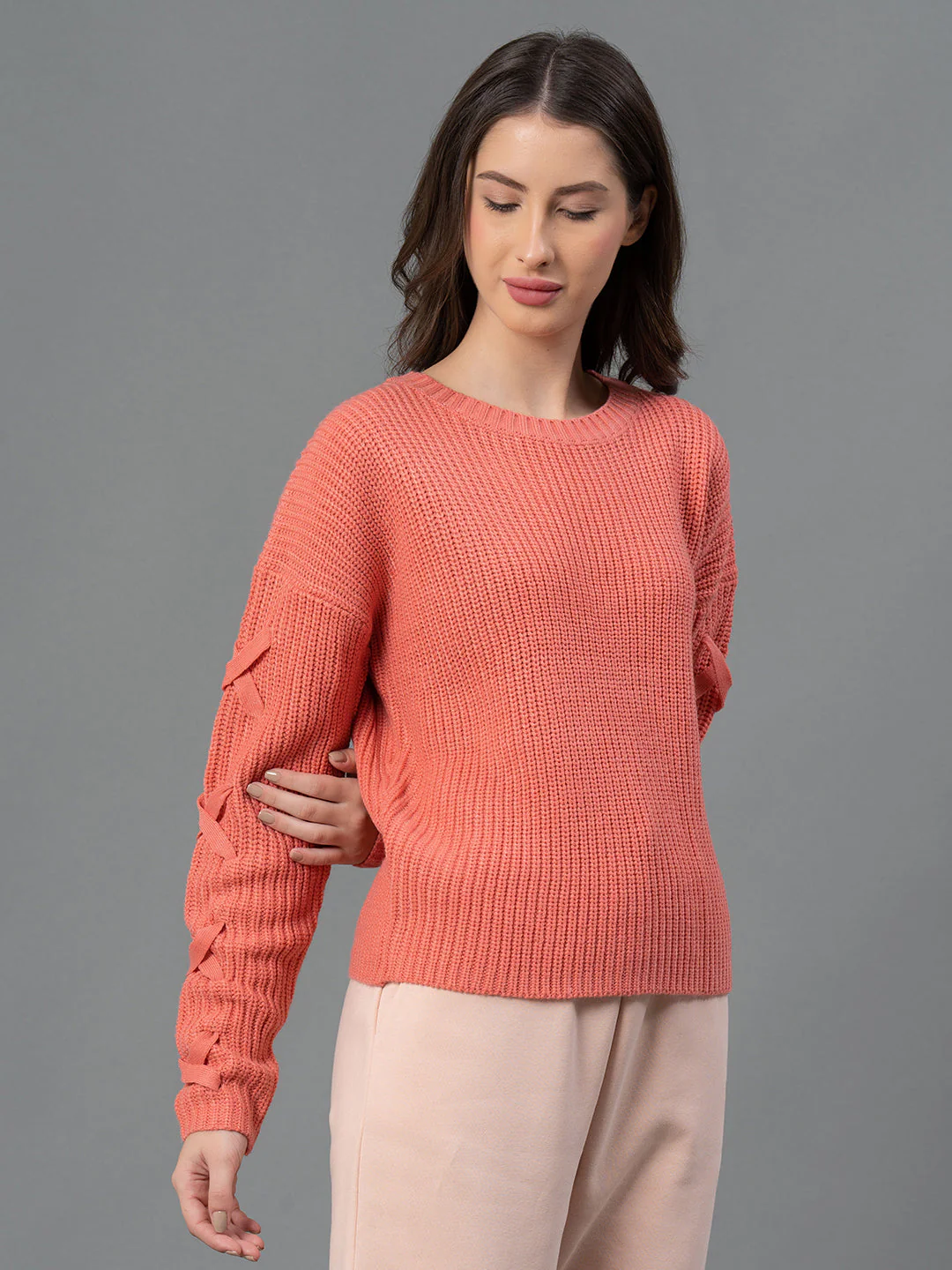 Women Deep Pink Solid Sweater - Image 2