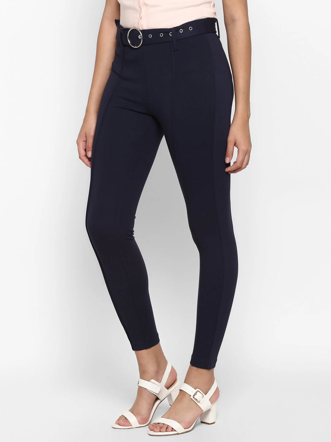 Women Navy Blue Solid Rayon Nylon Stretched Jegging - Image 3